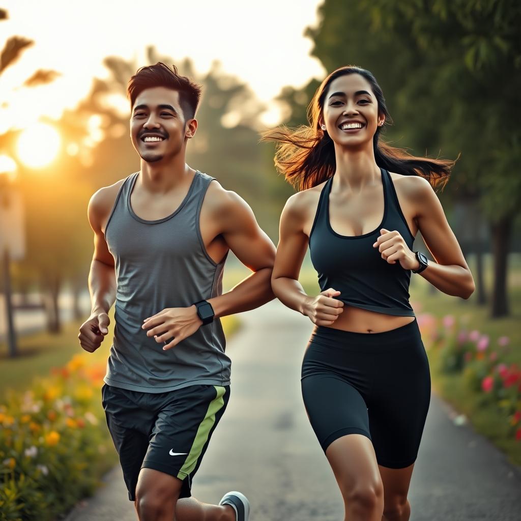 A handsome Indonesian man and a beautiful Indonesian woman jogging together in the early morning light, showcasing their athletic builds and vibrant energy