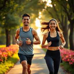 A handsome Indonesian man and a beautiful Indonesian woman jogging together in the early morning light, showcasing their athletic builds and vibrant energy