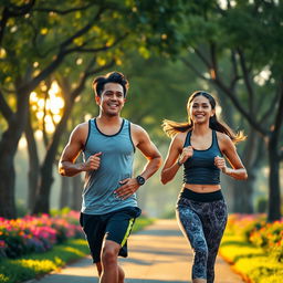 A handsome Indonesian man and a beautiful Indonesian woman jogging together in the early morning light, showcasing their athletic builds and vibrant energy