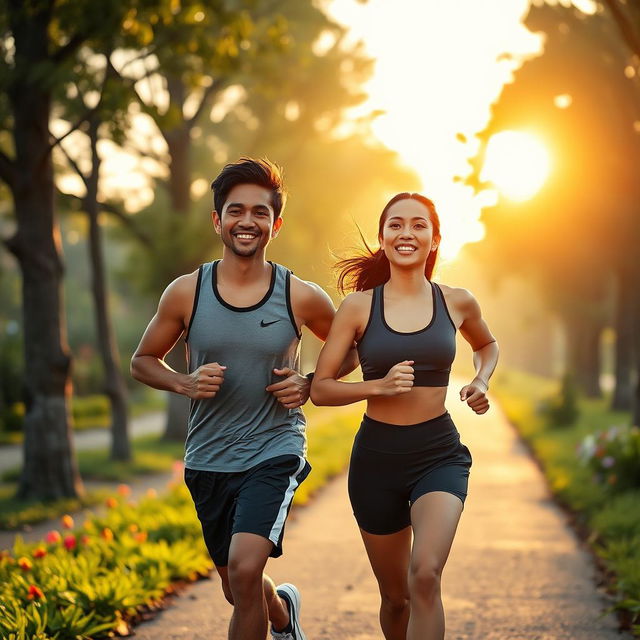 A handsome Indonesian man and a beautiful Indonesian woman jogging together in the early morning light, showcasing their athletic builds and vibrant energy