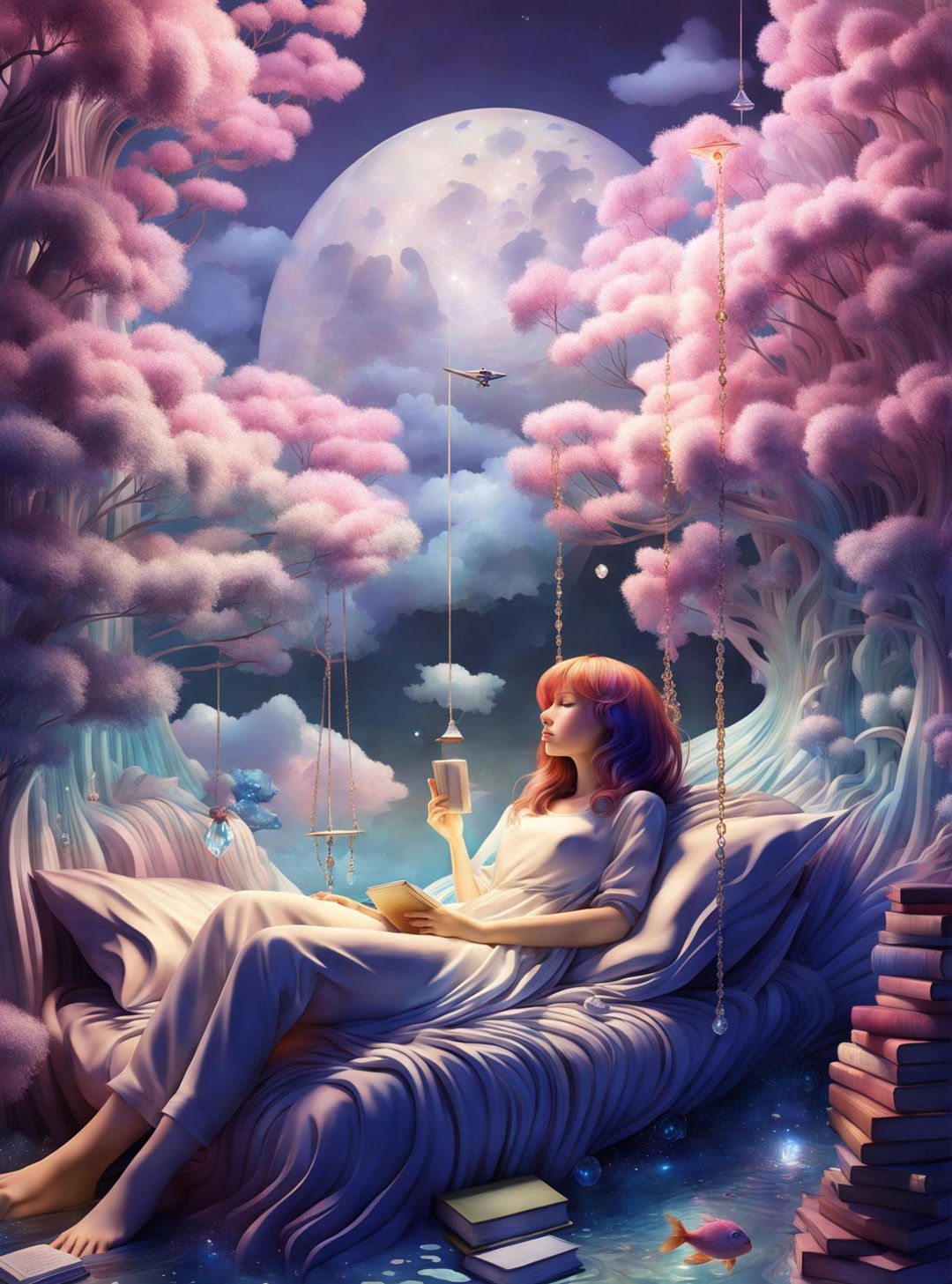 Surreal digital art of a dreaming woman on a floating bed in an ethereal landscape with a waterfall hair flowing into a glowing fish-filled lake, a tree with book-page leaves, and a crystal staircase leading to another dream world