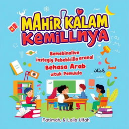 A vibrant and engaging cover design for a book titled 'Mahir KalamKecilnya: Strategi Pembelajaran Berbicara Bahasa Arab untuk Pemula'