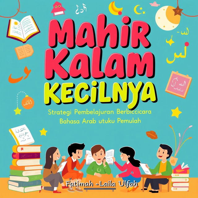 A vibrant and engaging cover design for a book titled 'Mahir KalamKecilnya: Strategi Pembelajaran Berbicara Bahasa Arab untuk Pemula'