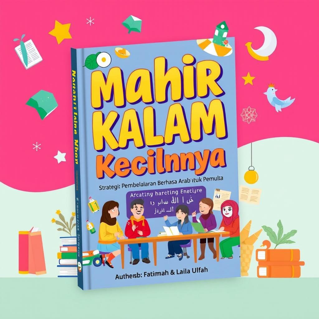 A vibrant and engaging cover design for a book titled 'Mahir KalamKecilnya: Strategi Pembelajaran Berbicara Bahasa Arab untuk Pemula'