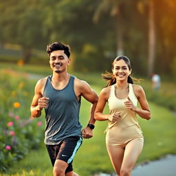 A handsome Indonesian man and a beautiful Indonesian woman jogging together in the early morning light, embodying fitness and companionship