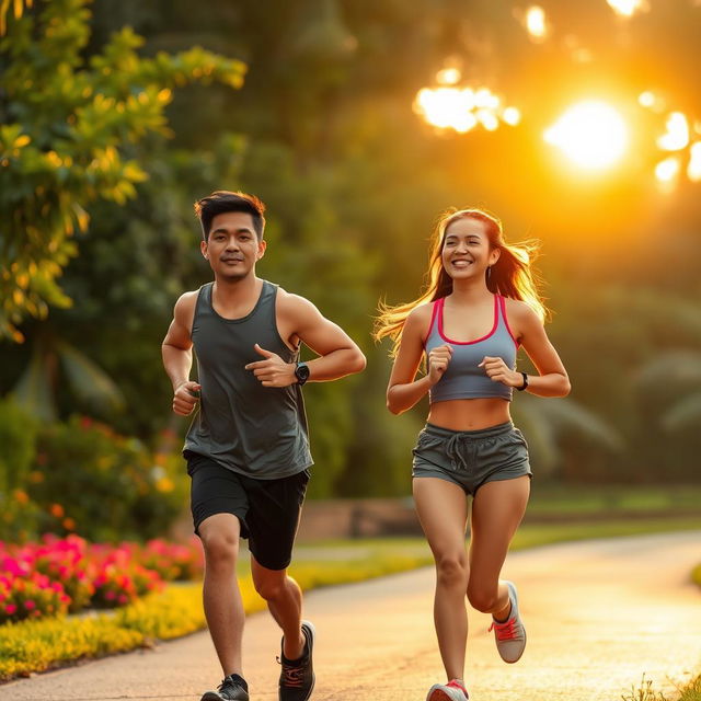 A handsome Indonesian man and a beautiful Indonesian woman jogging together in the early morning light, embodying fitness and companionship