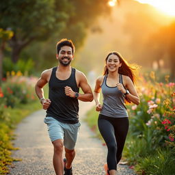 A handsome Indonesian man and a beautiful Indonesian woman jogging together in the early morning light, embodying fitness and companionship