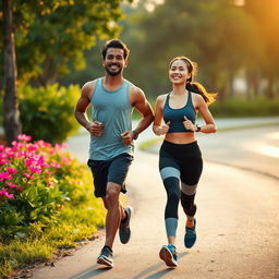 A handsome Indonesian man and a beautiful Indonesian woman jogging together in the early morning light, embodying fitness and companionship