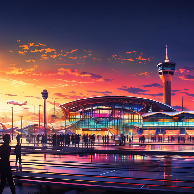 Digital art of Sydney Airport with bustling terminal activity, planes on tarmac including a Qantas A380, control tower overseeing operations, against backdrop of Sydney skyline at sunset