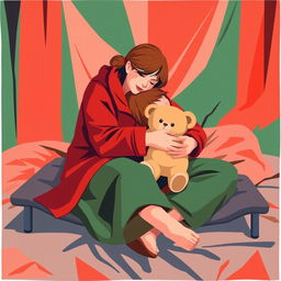 An abstract flat pop art depiction of a Caucasian homeless mother and daughter embracing on a cot, illustrated using a bold red, white, and green color scheme