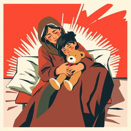 An abstract flat pop art depiction of a Caucasian homeless mother and daughter embracing on a cot, illustrated using a bold red, white, and green color scheme