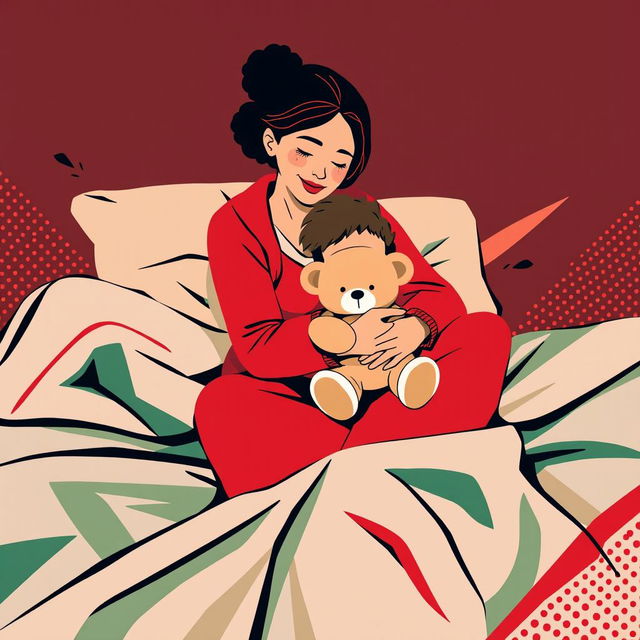 An abstract flat pop art depiction of a Caucasian homeless mother and daughter embracing on a cot, illustrated using a bold red, white, and green color scheme