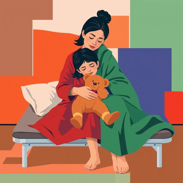 An abstract flat pop art illustration of a Caucasian homeless mother and daughter embracing on a cot, depicted in a striking red, white, and green color scheme