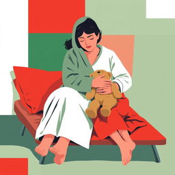 An abstract flat pop art illustration of a Caucasian homeless mother and daughter embracing on a cot, depicted in a striking red, white, and green color scheme