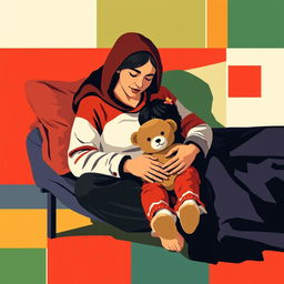 An abstract flat pop art illustration of a Caucasian homeless mother and daughter embracing on a cot, depicted in a striking red, white, and green color scheme