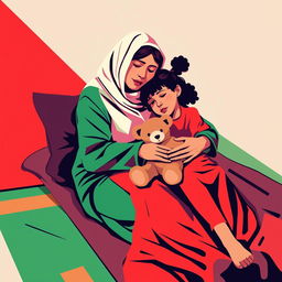 An abstract flat pop art illustration of a Caucasian homeless mother and daughter embracing on a cot, depicted in a striking red, white, and green color scheme