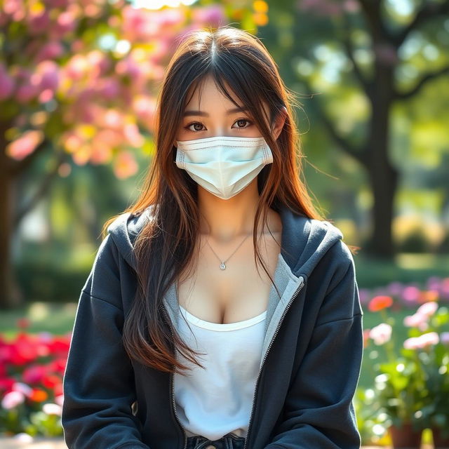 A beautifully masked Japanese college girl wearing a casual hoodie, sitting in a vibrant park with a serene ambiance