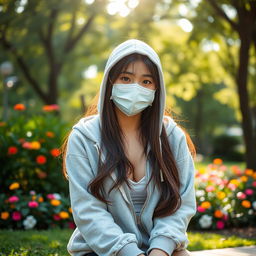 A beautifully masked Japanese college girl wearing a casual hoodie, sitting in a vibrant park with a serene ambiance