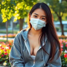 A beautifully masked Japanese college girl wearing a casual hoodie, sitting in a vibrant park with a serene ambiance