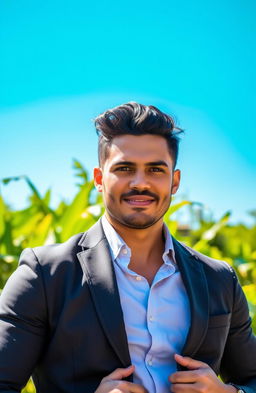 A motivated and confident man standing in a vibrant environment, showcasing a sense of self-improvement and personal growth