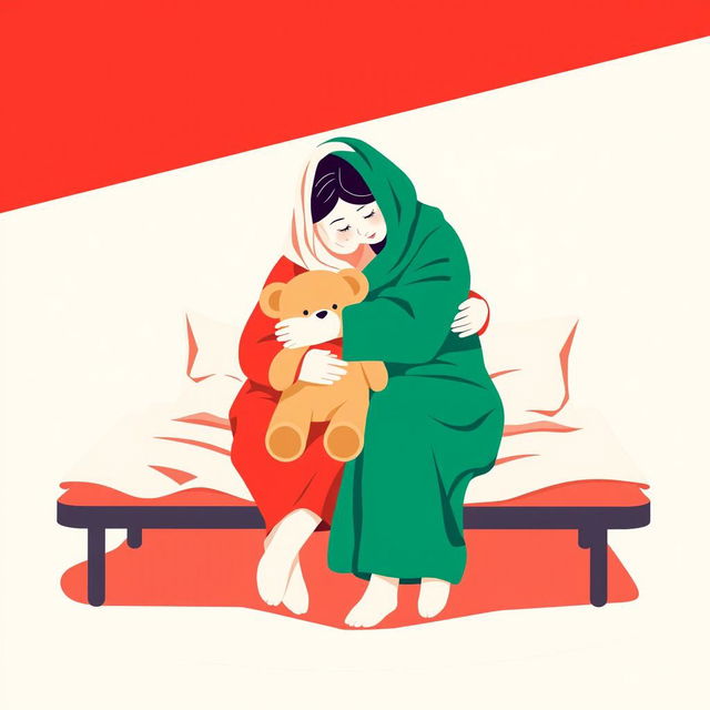 An abstract flat pop art illustration featuring a white homeless mother and her daughter embracing on a cot, with the daughter holding a stuffed teddy bear