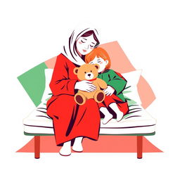 An abstract flat pop art illustration featuring a white homeless mother and her daughter embracing on a cot, with the daughter holding a stuffed teddy bear