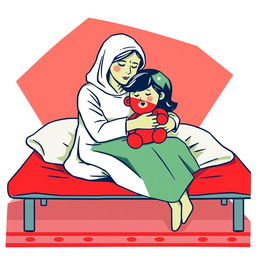An abstract flat pop art illustration featuring a white homeless mother and her daughter embracing on a cot, with the daughter holding a stuffed teddy bear