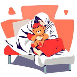 An abstract flat pop art illustration featuring a white homeless mother and her daughter embracing on a cot, with the daughter holding a stuffed teddy bear