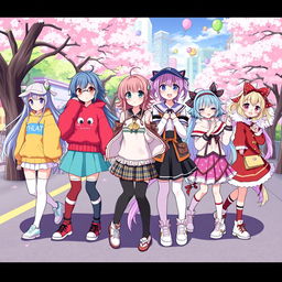 A vibrant and playful illustration featuring a group of anime girls dressed in a variety of imaginative outfits that showcase different themes and styles