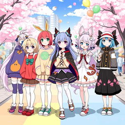 A vibrant and playful illustration featuring a group of anime girls dressed in a variety of imaginative outfits that showcase different themes and styles