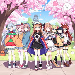 A vibrant and playful illustration featuring a group of anime girls dressed in a variety of imaginative outfits that showcase different themes and styles