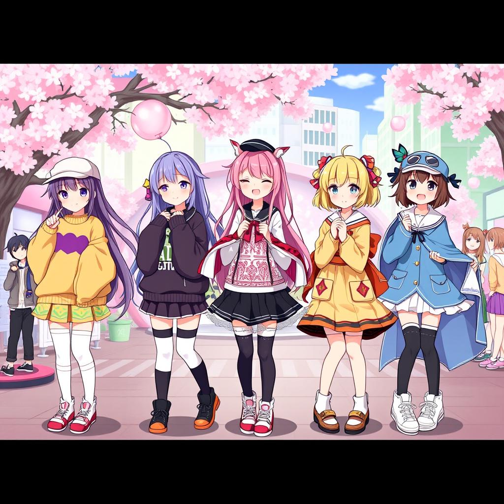 A vibrant and playful illustration featuring a group of anime girls dressed in a variety of imaginative outfits that showcase different themes and styles