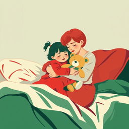 An abstract flat pop art illustration of a short-haired Caucasian homeless mother and her young daughter embracing on a messy cot bed, with the daughter holding a stuffed teddy bear
