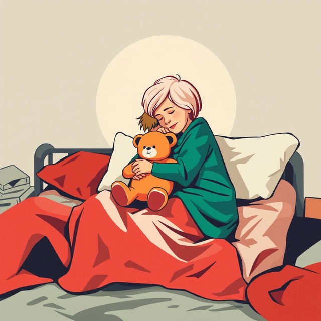 An abstract flat pop art illustration of a short-haired Caucasian homeless mother and her young daughter embracing on a messy cot bed, with the daughter holding a stuffed teddy bear