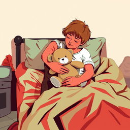 An abstract flat pop art illustration of a short-haired Caucasian homeless mother and her young daughter embracing on a messy cot bed, with the daughter holding a stuffed teddy bear