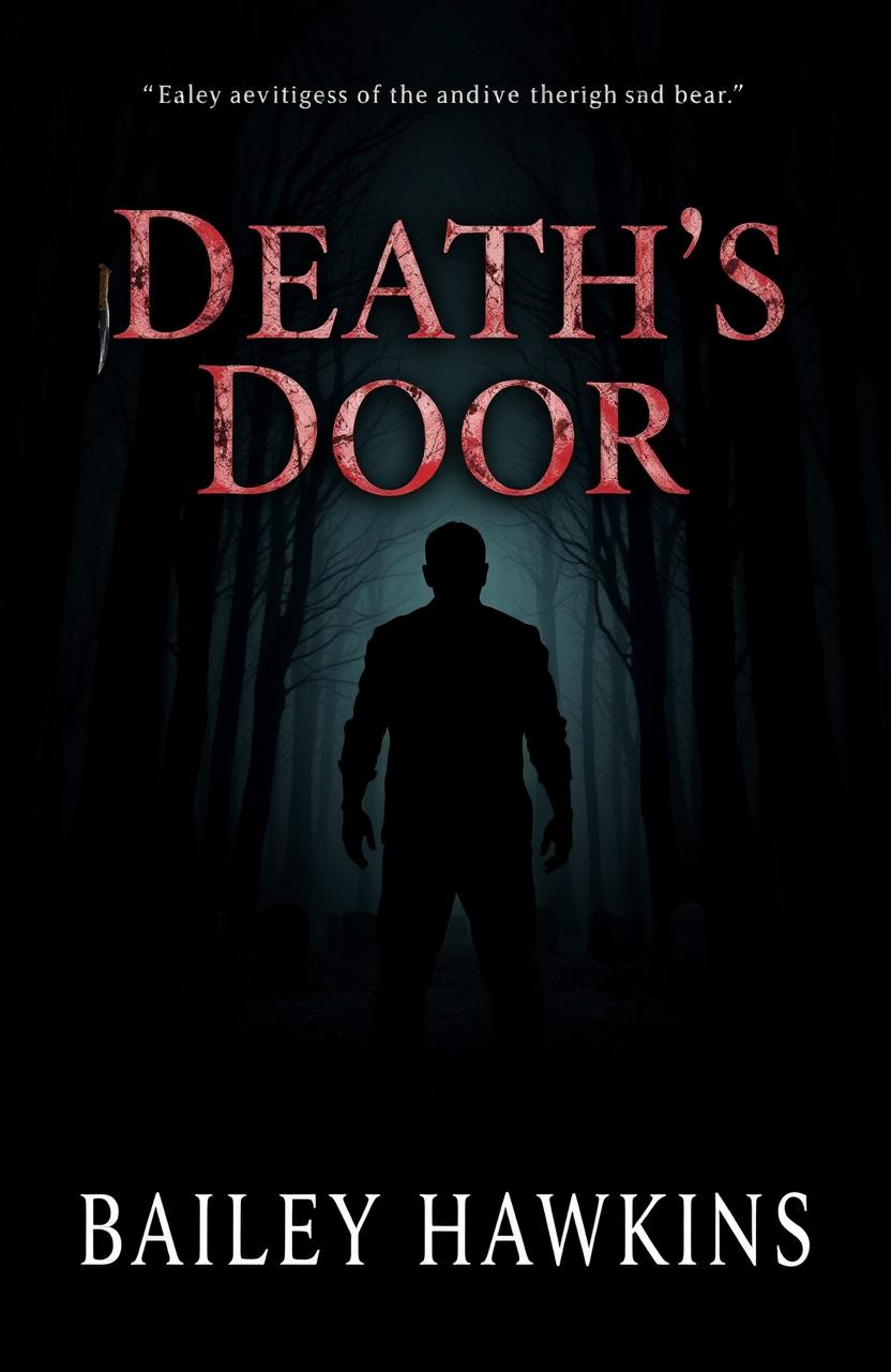 A book cover design titled 'Death's Door' featuring a dark, eerie forest as the background