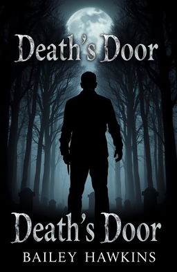 A book cover design titled 'Death's Door' featuring a dark, eerie forest as the background