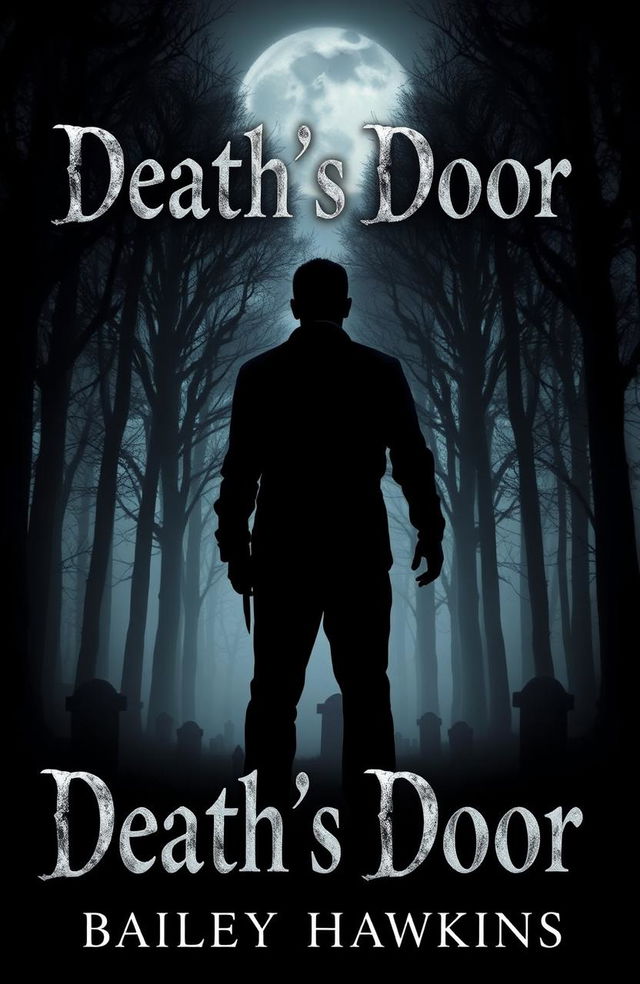 A book cover design titled 'Death's Door' featuring a dark, eerie forest as the background