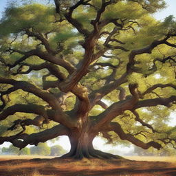 Generate a majestic and ancient oak tree, with gnarled branches and a wide, sturdy trunk, that carry the evidence of hundreds of years of life