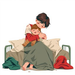 An abstract flat pop art illustration of a dirty, short-haired Caucasian homeless mother and her young daughter embracing on a messy cot bed, with the daughter clutching a stuffed teddy bear