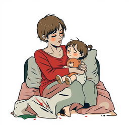 An abstract flat pop art illustration of a dirty, short-haired Caucasian homeless mother and her young daughter embracing on a messy cot bed, with the daughter clutching a stuffed teddy bear