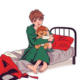 An abstract flat pop art illustration of a dirty, short-haired Caucasian homeless mother and her young daughter embracing on a messy cot bed, with the daughter clutching a stuffed teddy bear