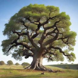 Generate a majestic and ancient oak tree, with gnarled branches and a wide, sturdy trunk, that carry the evidence of hundreds of years of life