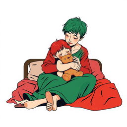 An abstract flat pop art illustration of a dirty, short-haired Caucasian homeless mother and her young daughter hugging on a messy cot bed, with the daughter clutching a stuffed teddy bear