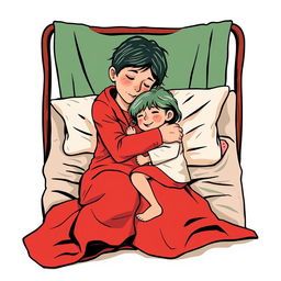 An abstract flat pop art illustration of a dirty, short-haired Caucasian homeless mother and her young daughter hugging on a messy cot bed, with the daughter clutching a stuffed teddy bear