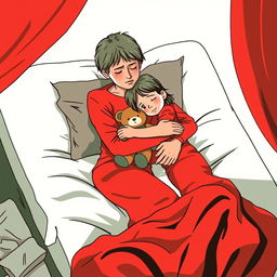 An abstract flat pop art illustration of a dirty, short-haired Caucasian homeless mother and her young daughter hugging on a messy cot bed, with the daughter clutching a stuffed teddy bear