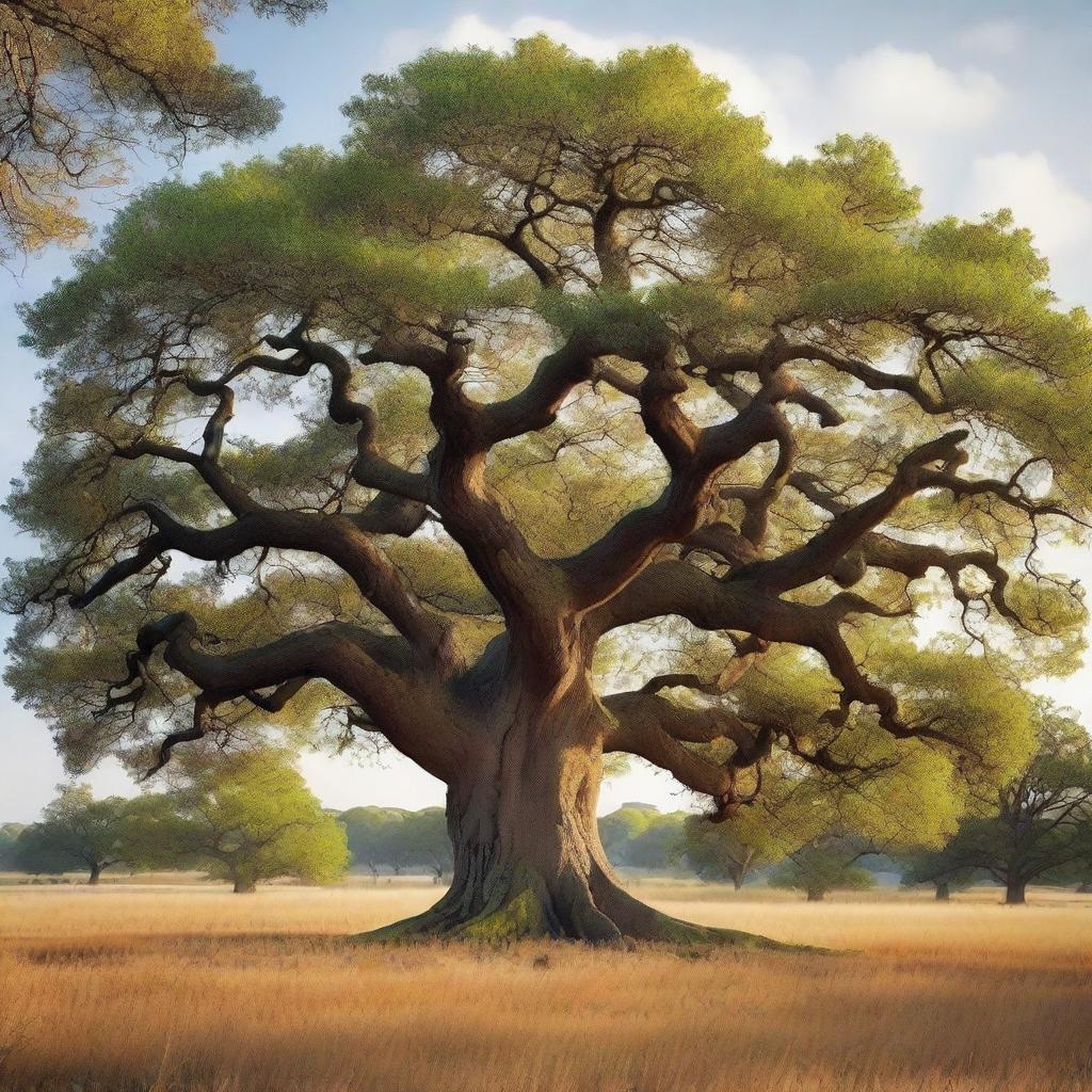 Generate a majestic and ancient oak tree, with gnarled branches and a wide, sturdy trunk, that carry the evidence of hundreds of years of life