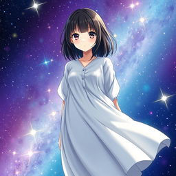 A stunning book cover illustration featuring an anime girl with medium black hair, dressed in a light white casual gown