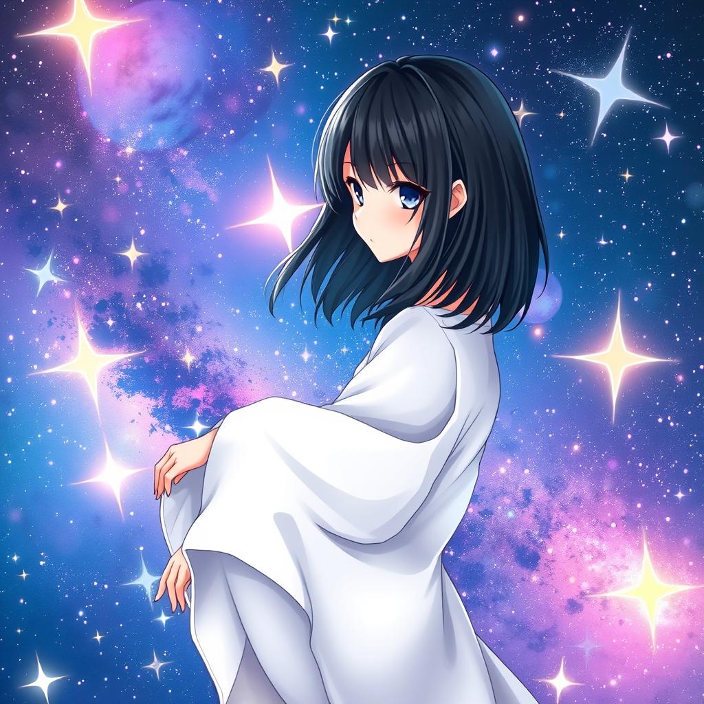 A stunning book cover illustration featuring an anime girl with medium black hair, dressed in a light white casual gown