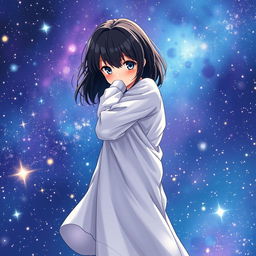 A stunning book cover illustration featuring an anime girl with medium black hair, dressed in a light white casual gown